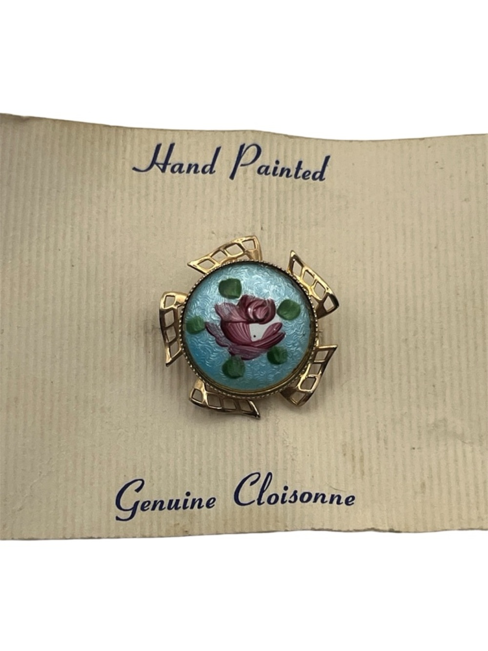 Guilloche Cloisonne blue & pink enamel gold tone brooch pin vintage